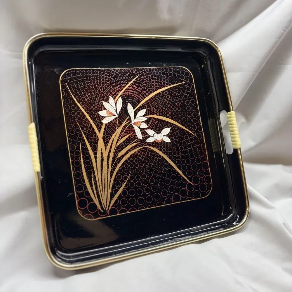 Vintage Japanese Lacquerware Tray Black Gold Iris Orchid Floral MCM Bar Vanity